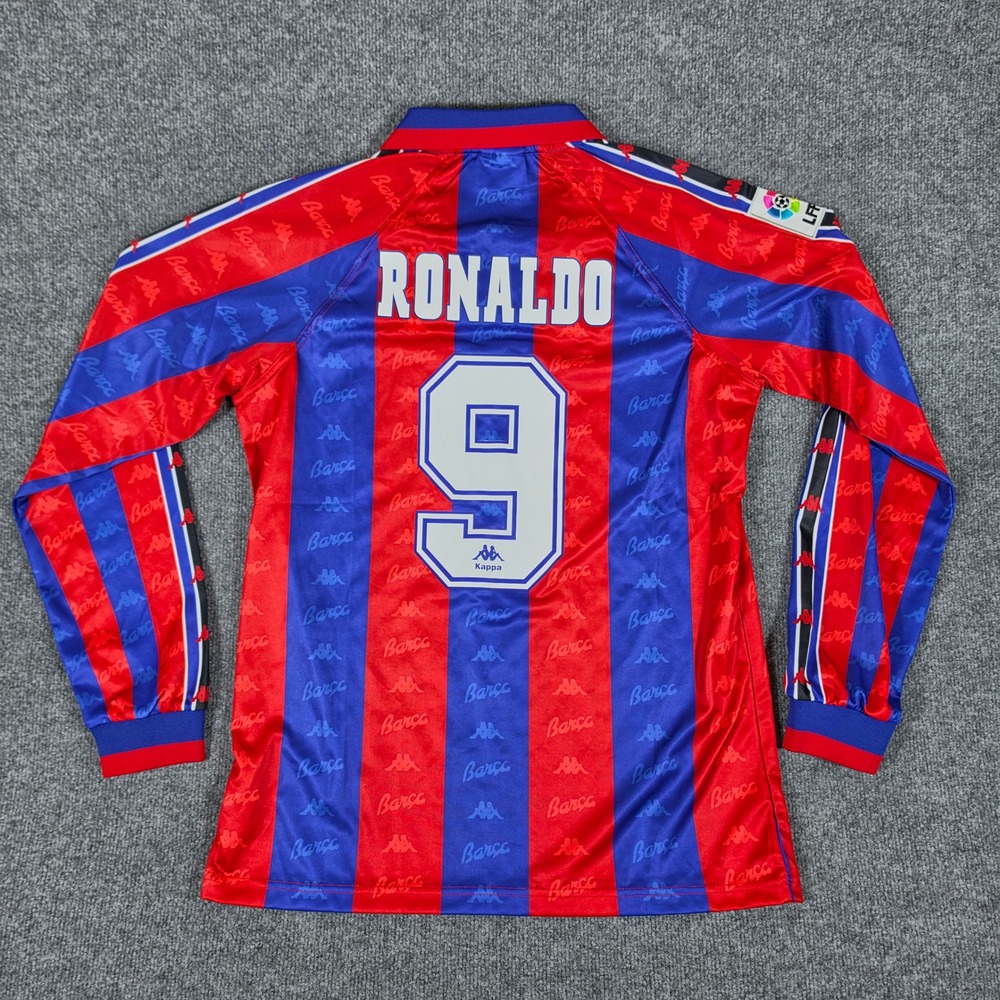 Kappa FC Barcelona Ronaldo 9 Long Sleeve Jersey Red Blue Mens XL Vintage Style